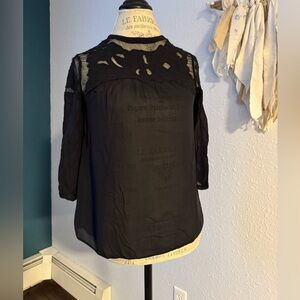 Anthropologie Vanessa Virginia Black Sheer Lace Yoke Top | 3/4 Sleeve